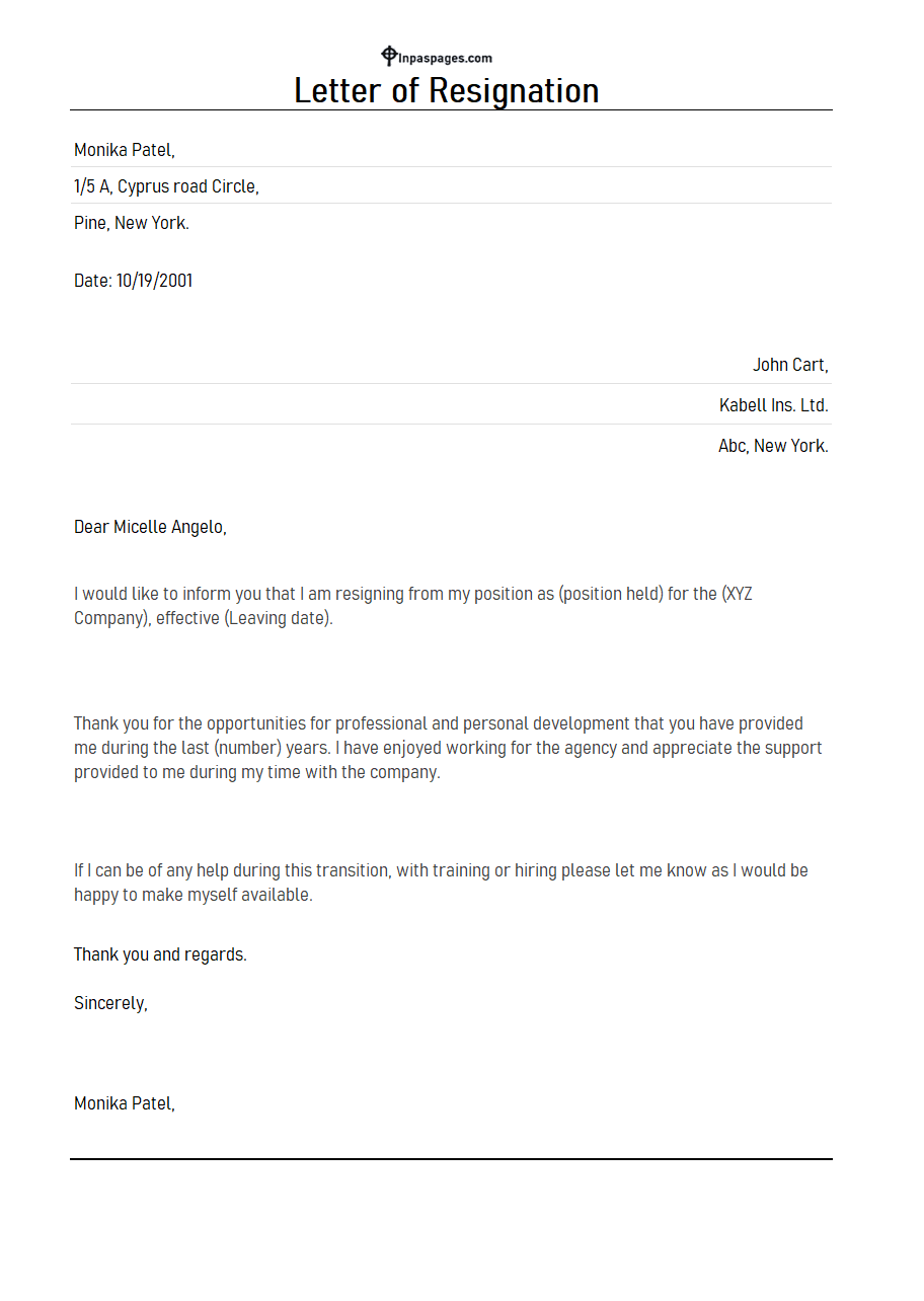 Simple Letter of resignation, Resignation simple letter, resignation letter example word