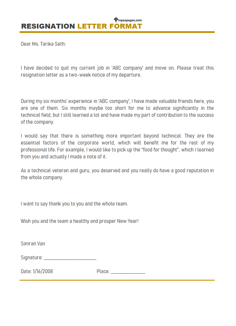 Resignation Sample Letter format, Resignation Sample Letter template, Resignation Sample Letter example, pdf