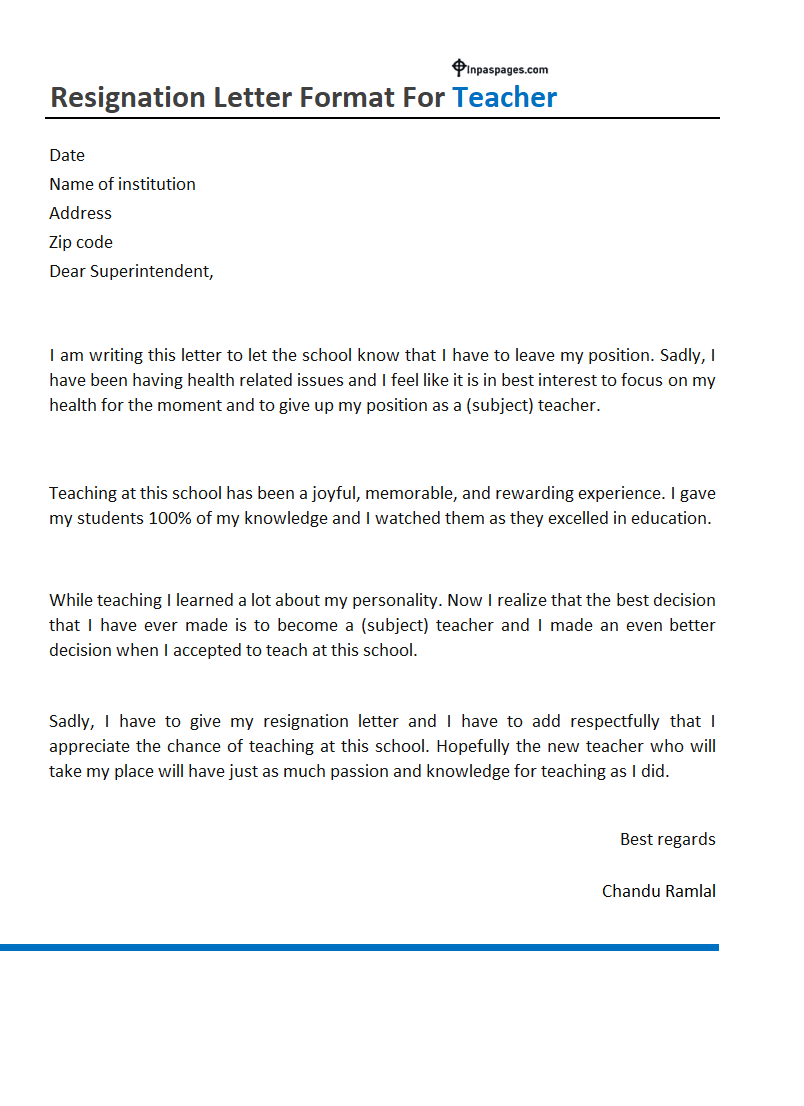 Teacher Resignation Letter template, Teacher Resignation Letter format, Teacher Resignation Letter sample, Teacher Resignation Letter example, Teacher Resignation Letter word