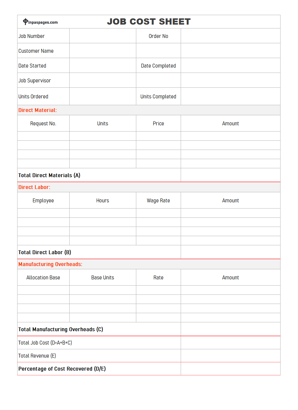 Excel Job cost sheet template, Excel Job cost sheet example, Excel Job cost sheet sample, Excel Job cost sheet format, Excel Job cost sheet pdf, Excel Job cost sheet spreadsheet download