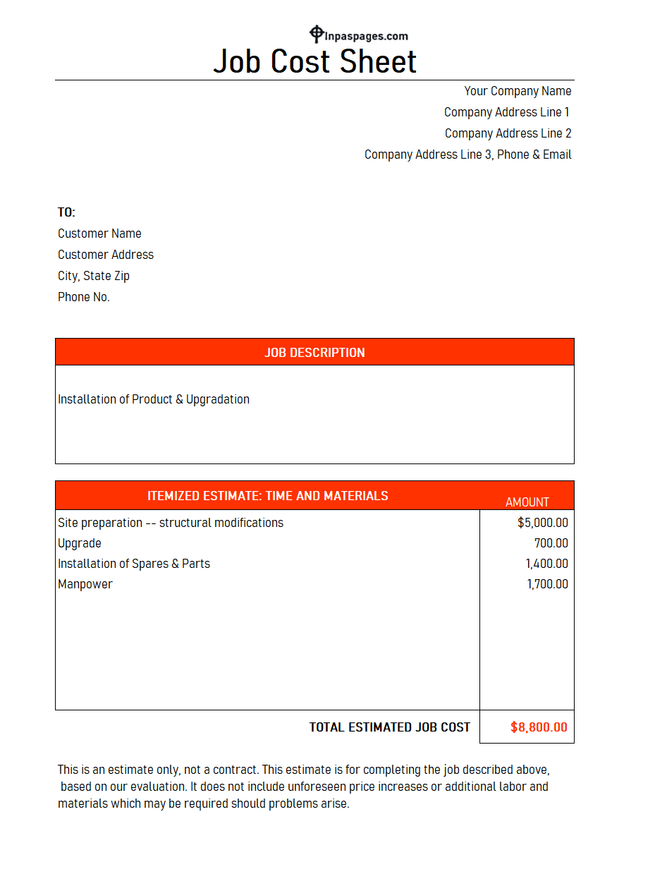 Free Job cost sheet format, Free Job cost sheet sample, Free Job cost sheet example, Free Job cost sheet Template Excel