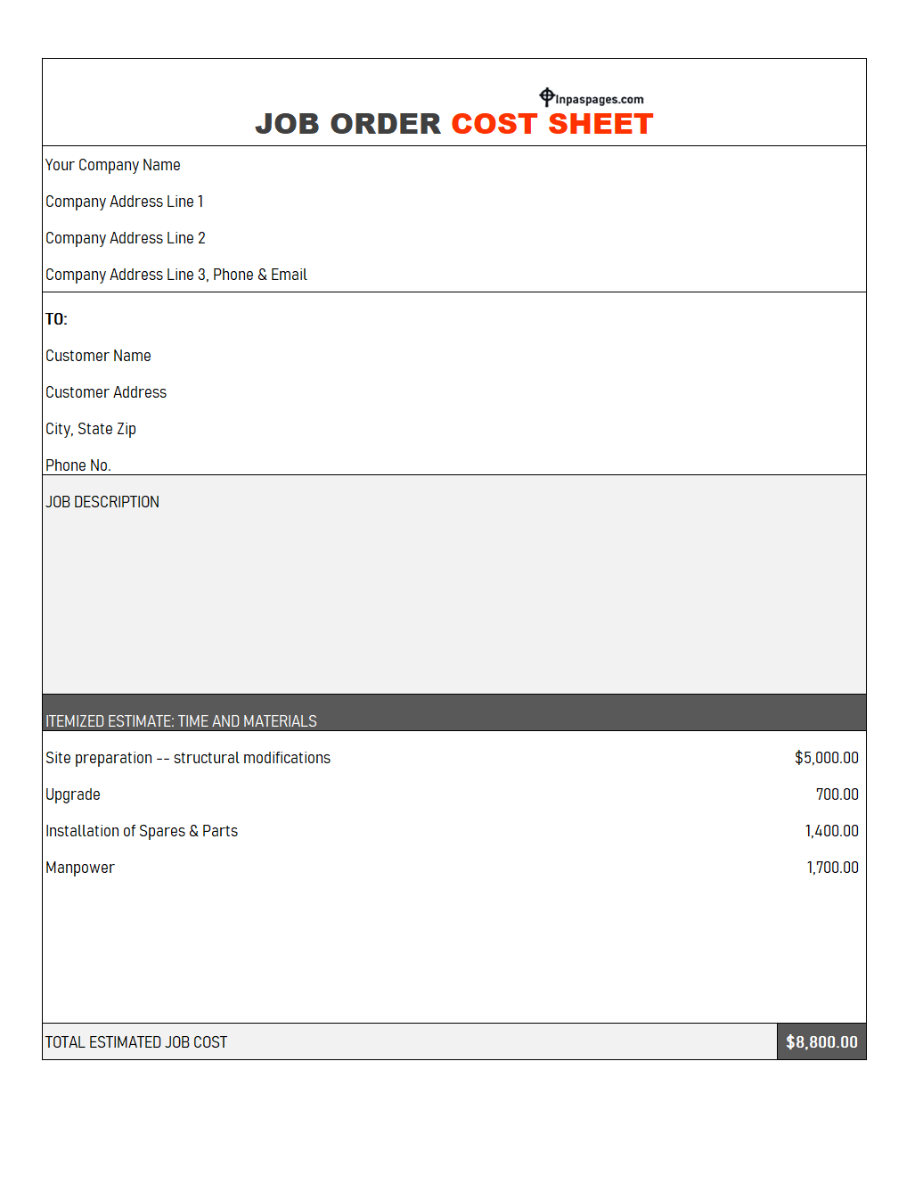 Job order cost sheet format, Job order cost sheet example, Job order cost sheet sample, Job order cost sheet pdf, Job order cost sheet xls, Job order cost sheet template Excel, Job order cost sheet template pdf
