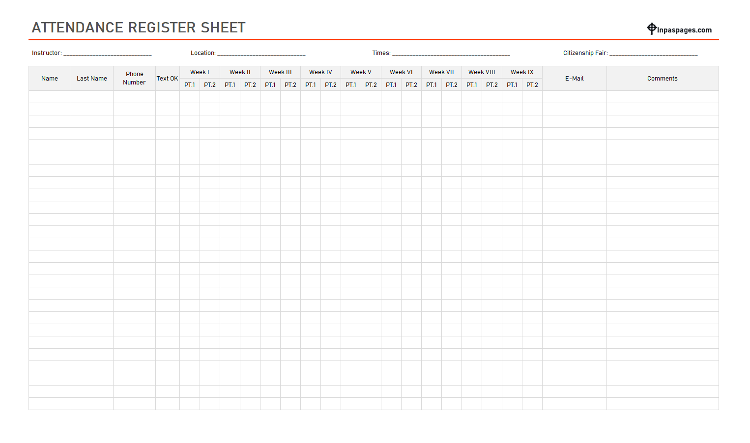 Sample Attendance register sheet template, Sample Attendance register sheet format