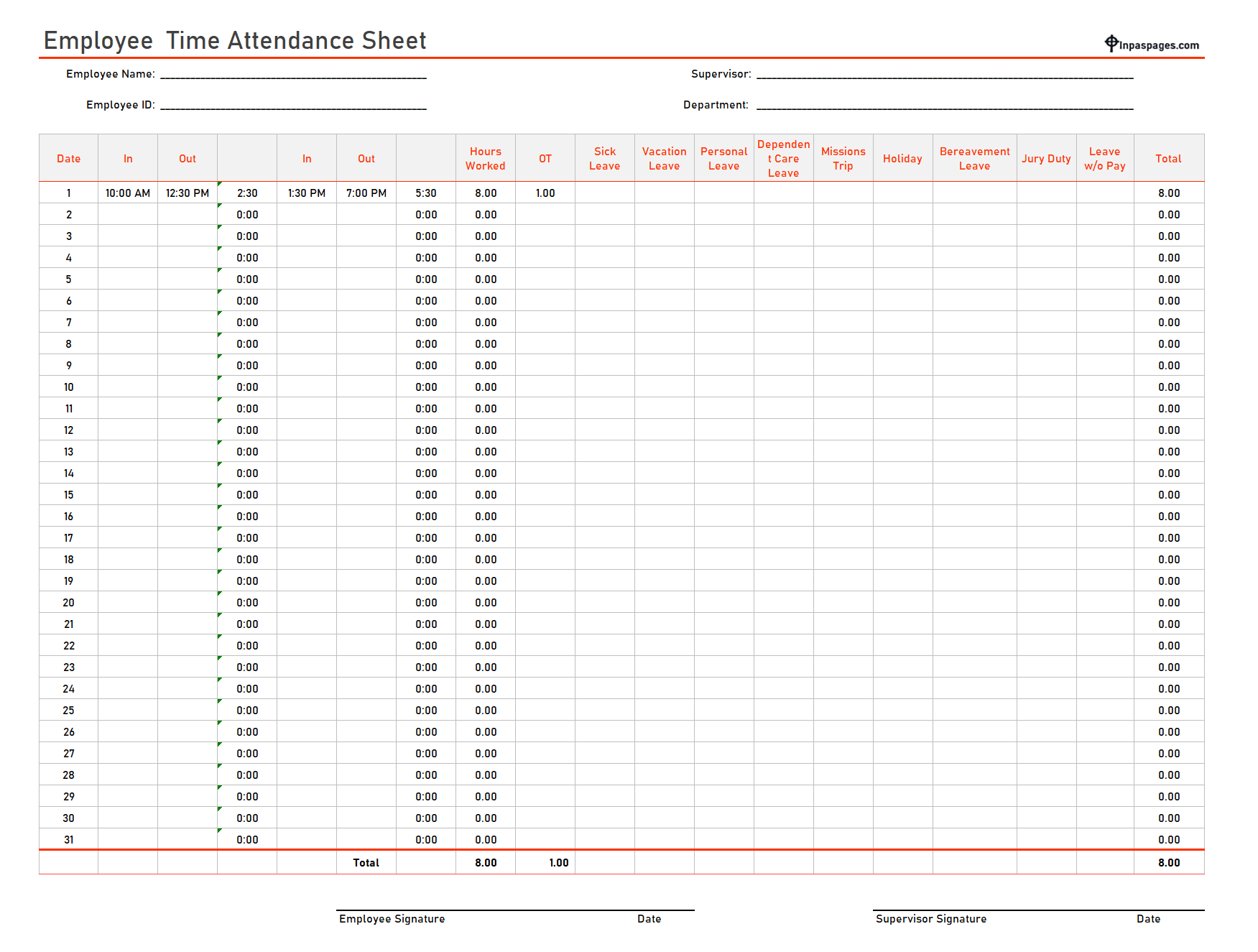 Monthly Employee Time Attendance in Excel, Employee time attendance sheet format, Employee time attendance sheet template