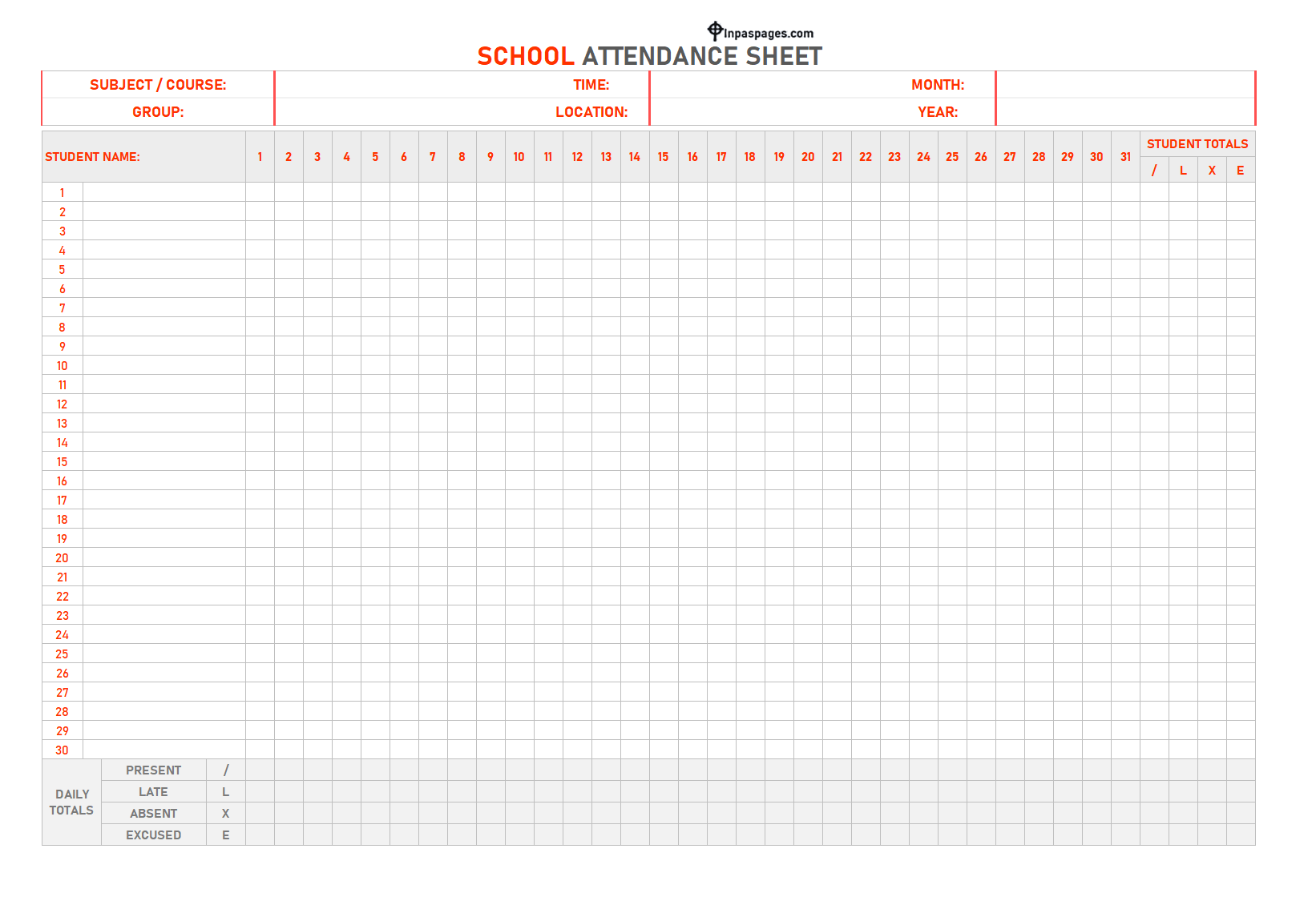 Homeschool Attendance sheet – Free printable record Excel