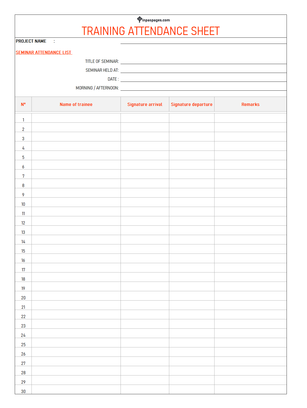 Training attendance sheet template, Training attendance sheet format, Employee Training attendance sheet