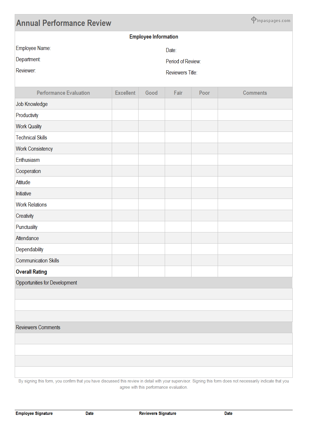 Annual Performance review format, Annual Performance review sample, Annual Performance review example, Annual Performance review pdf