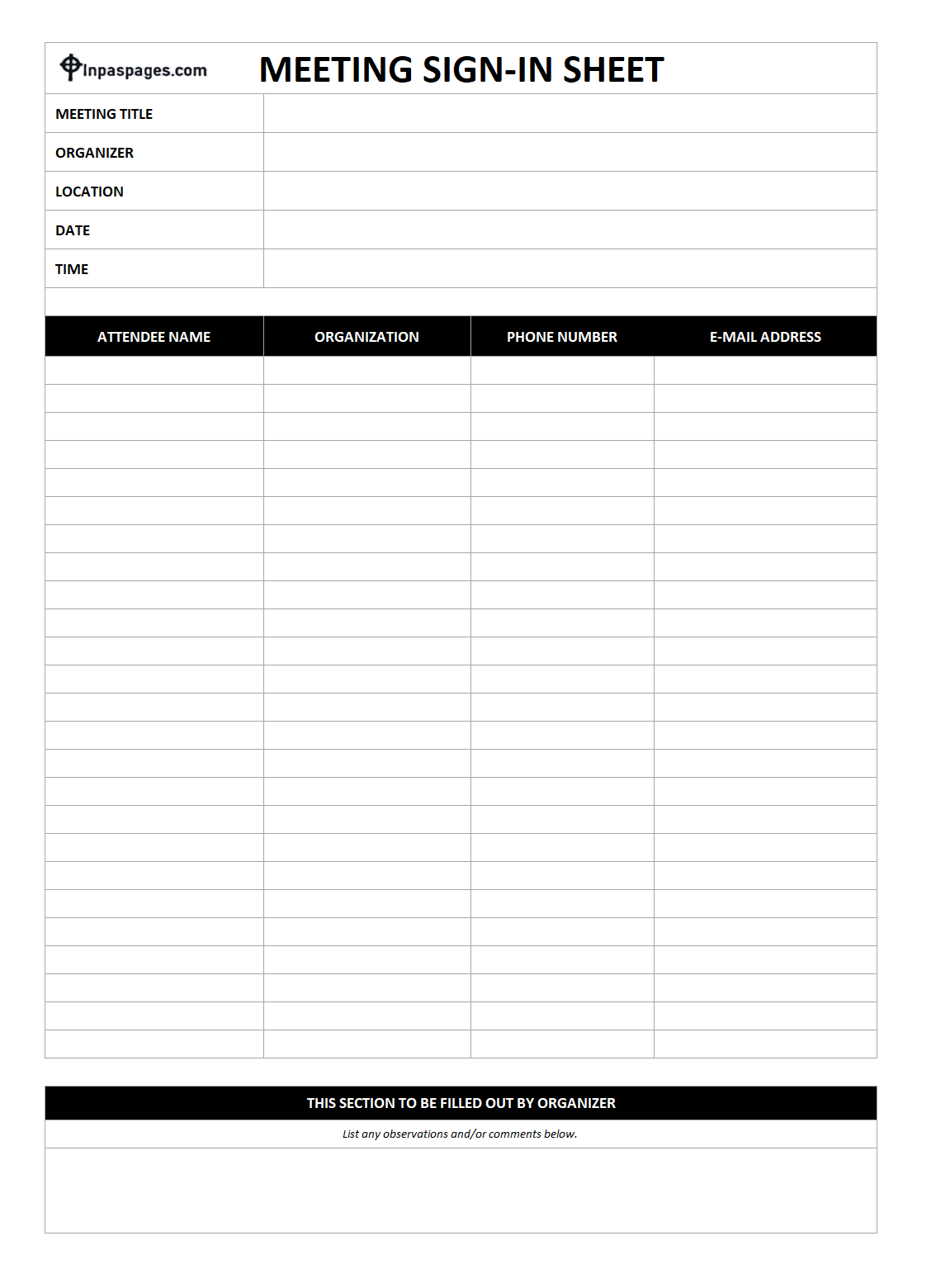 Meeting Sign in Sheet Template, format, example, sample, pdf, form