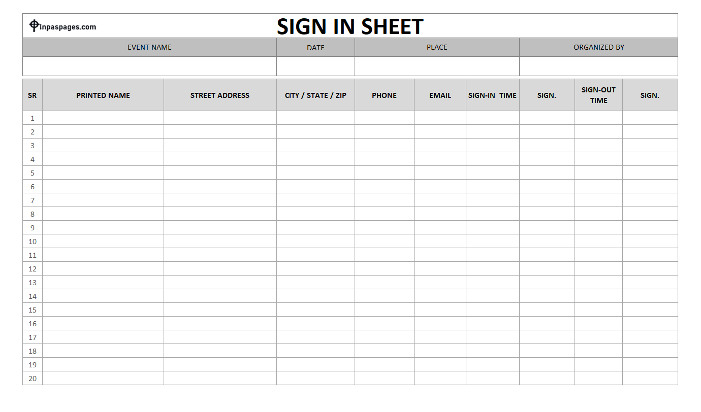 Free Printable Sign in sheet format