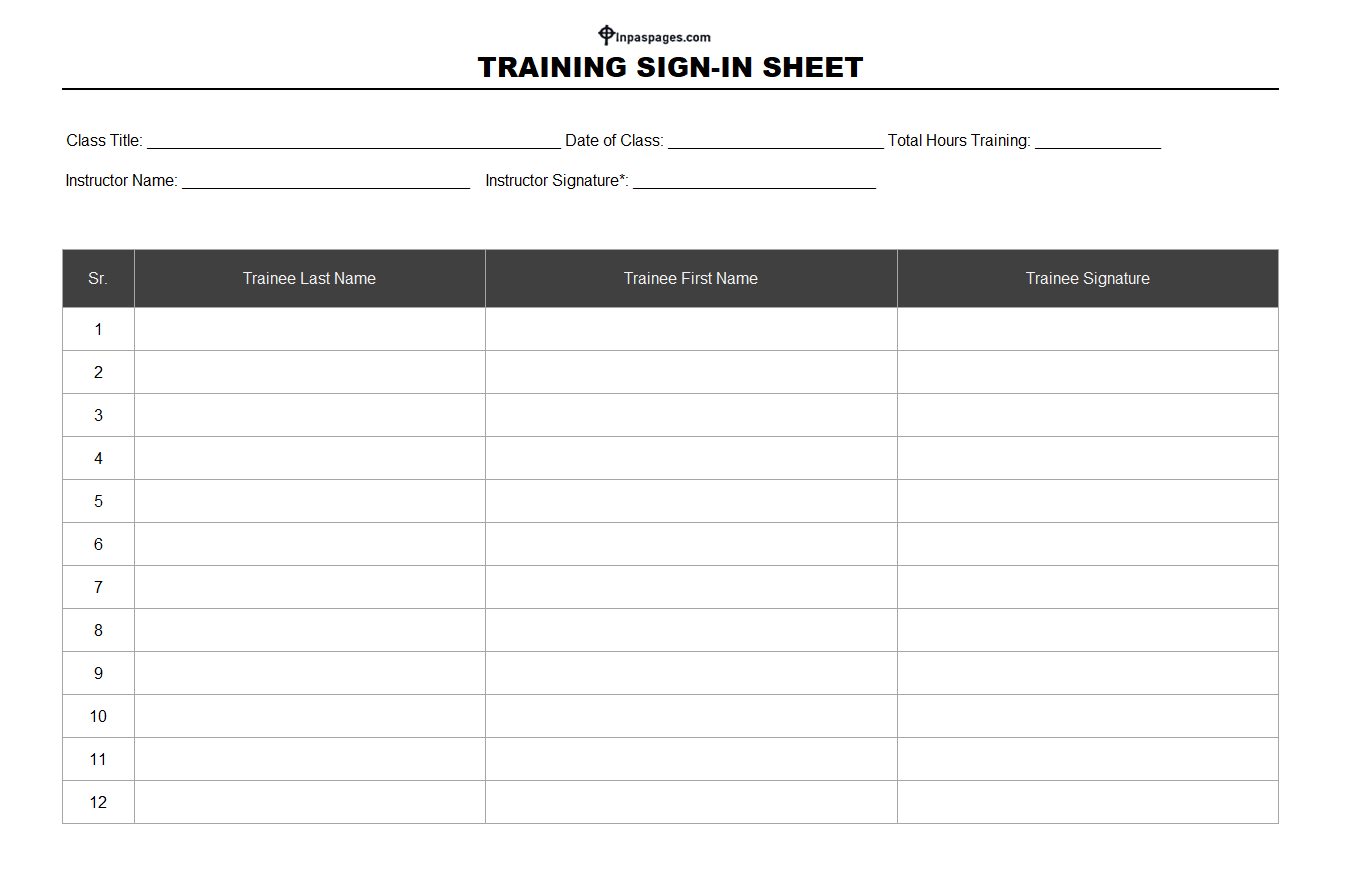 Training Sign in sheet - Employee Training excel spreadsheet format
