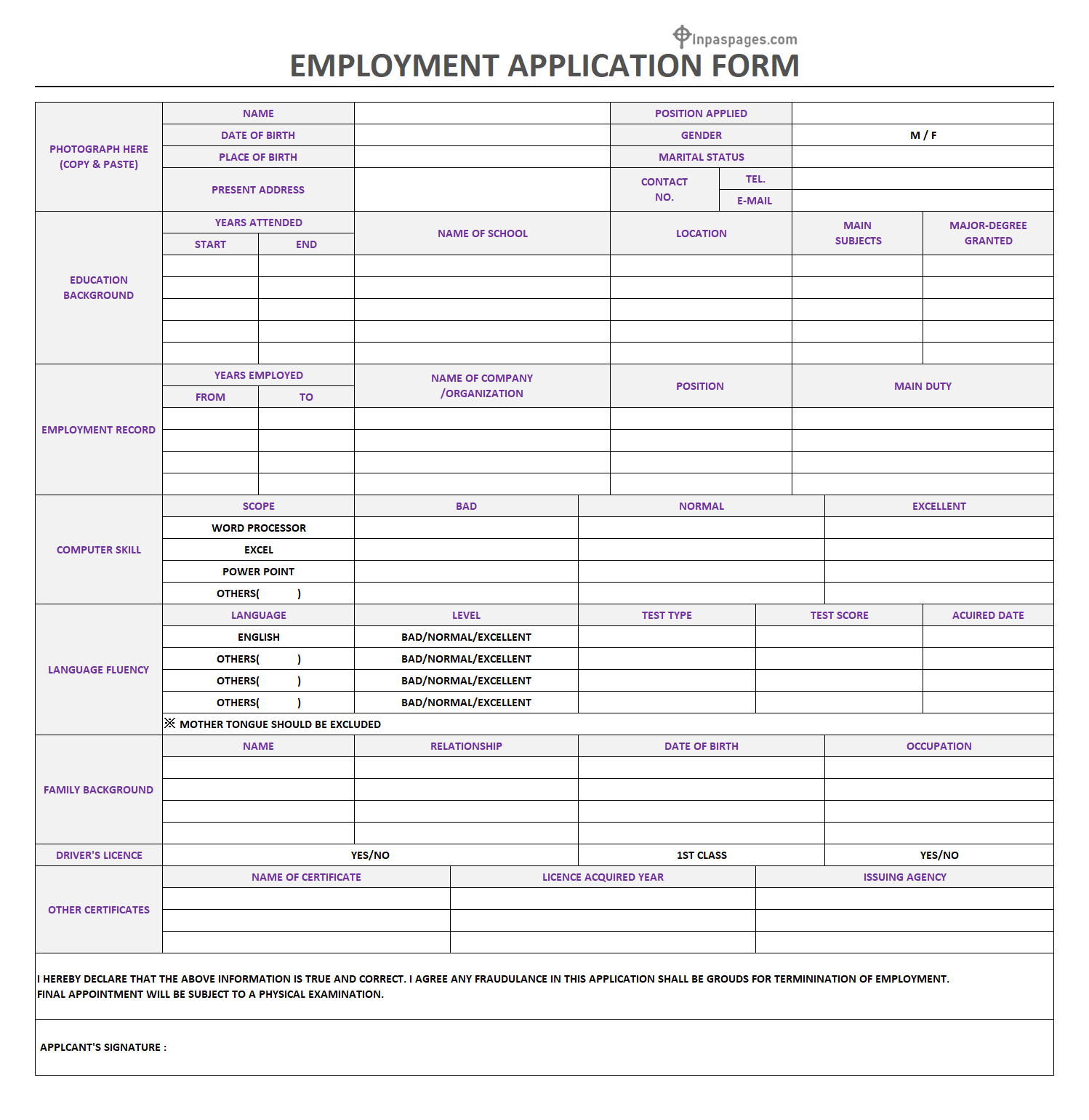 Application Form for Job template