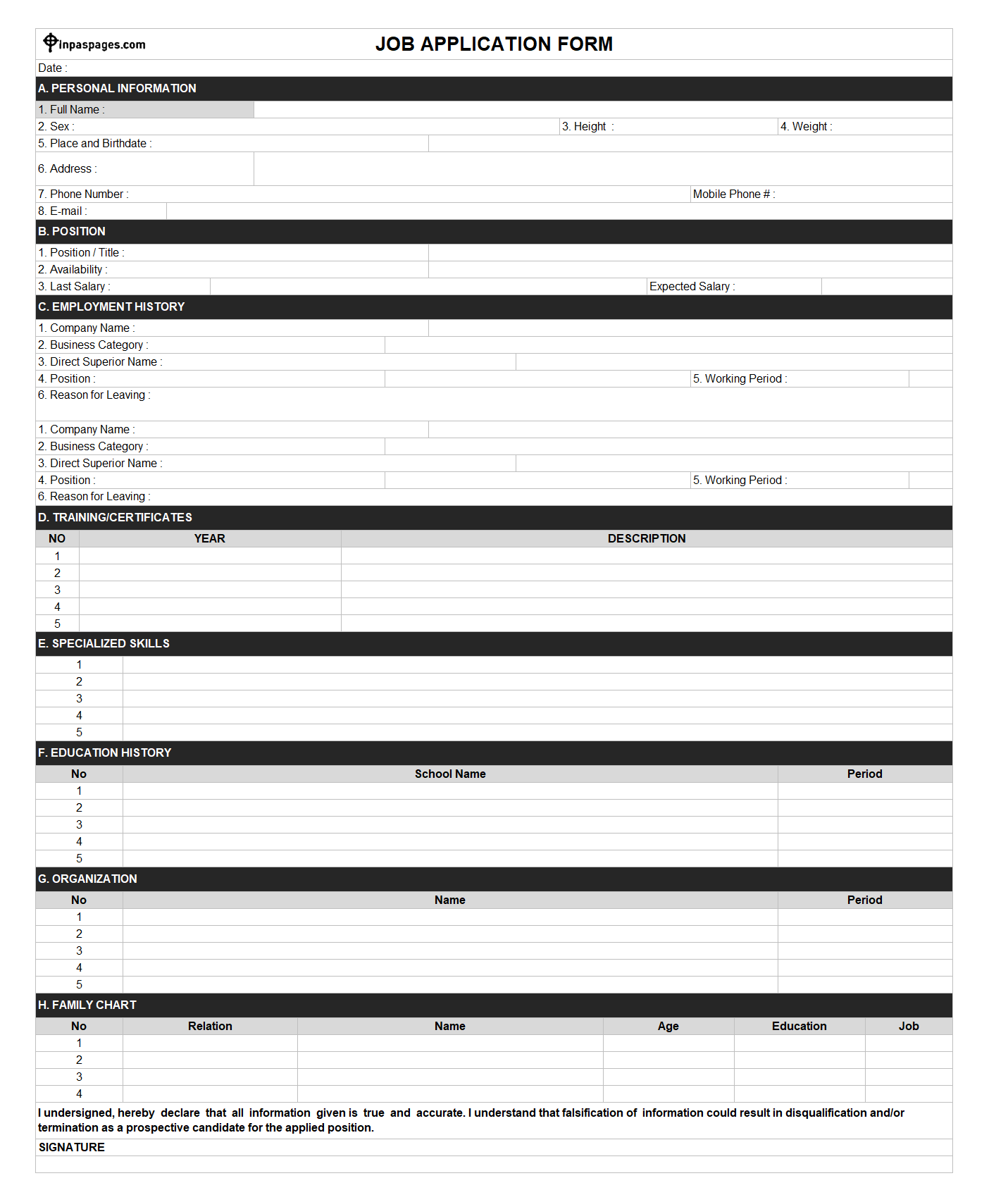 Employment Application Form format