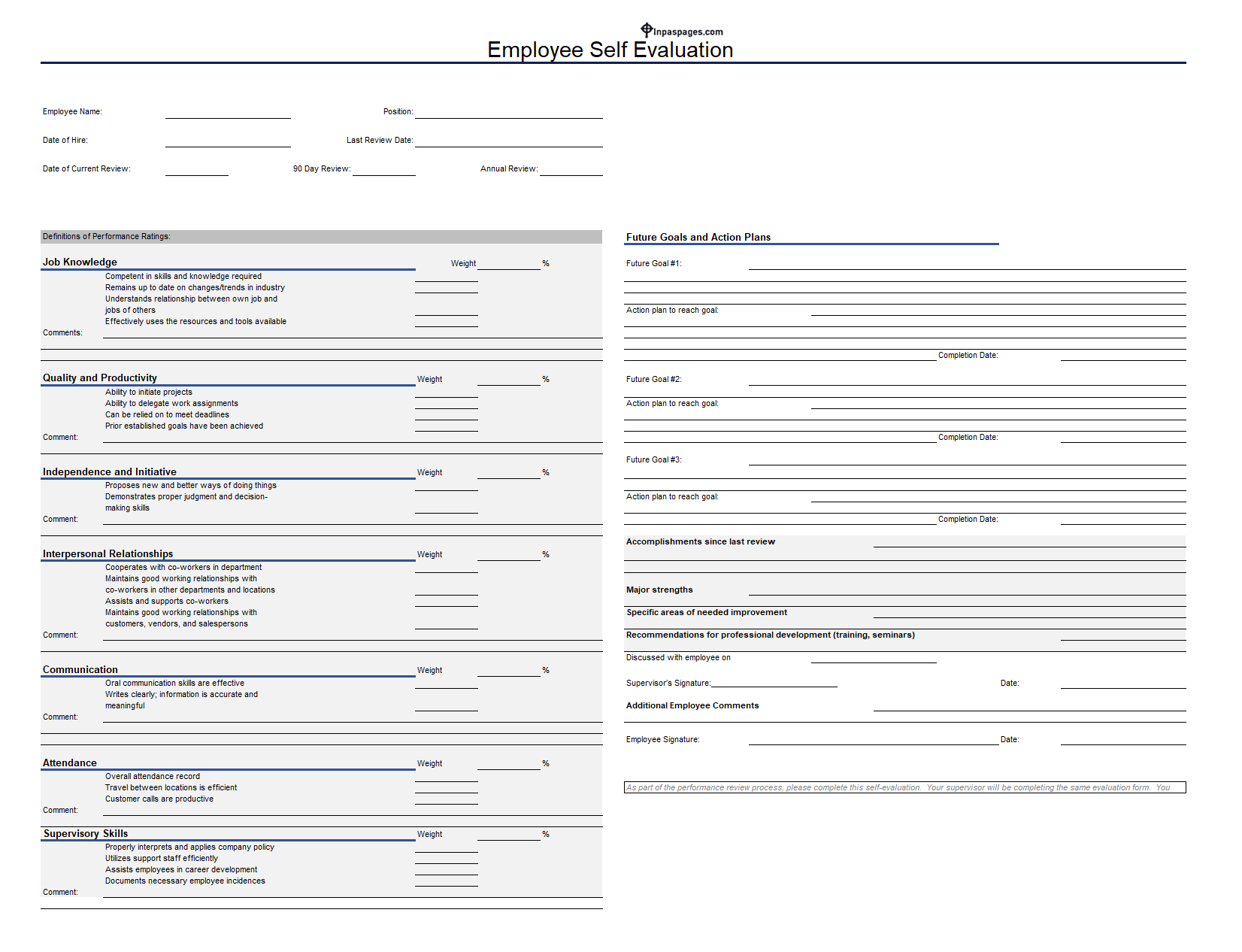 Employee Self Evaluation form, Employee Self Evaluation sample