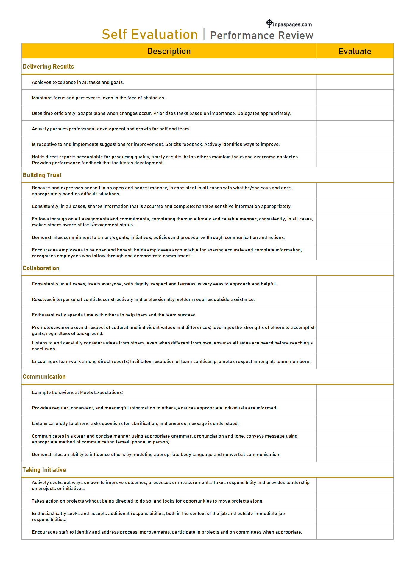 Self Evaluation performance review form, Self Evaluation performance review template