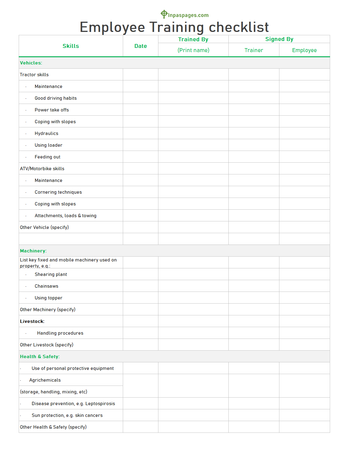 Employee Training Checklist sample format in excel sheet