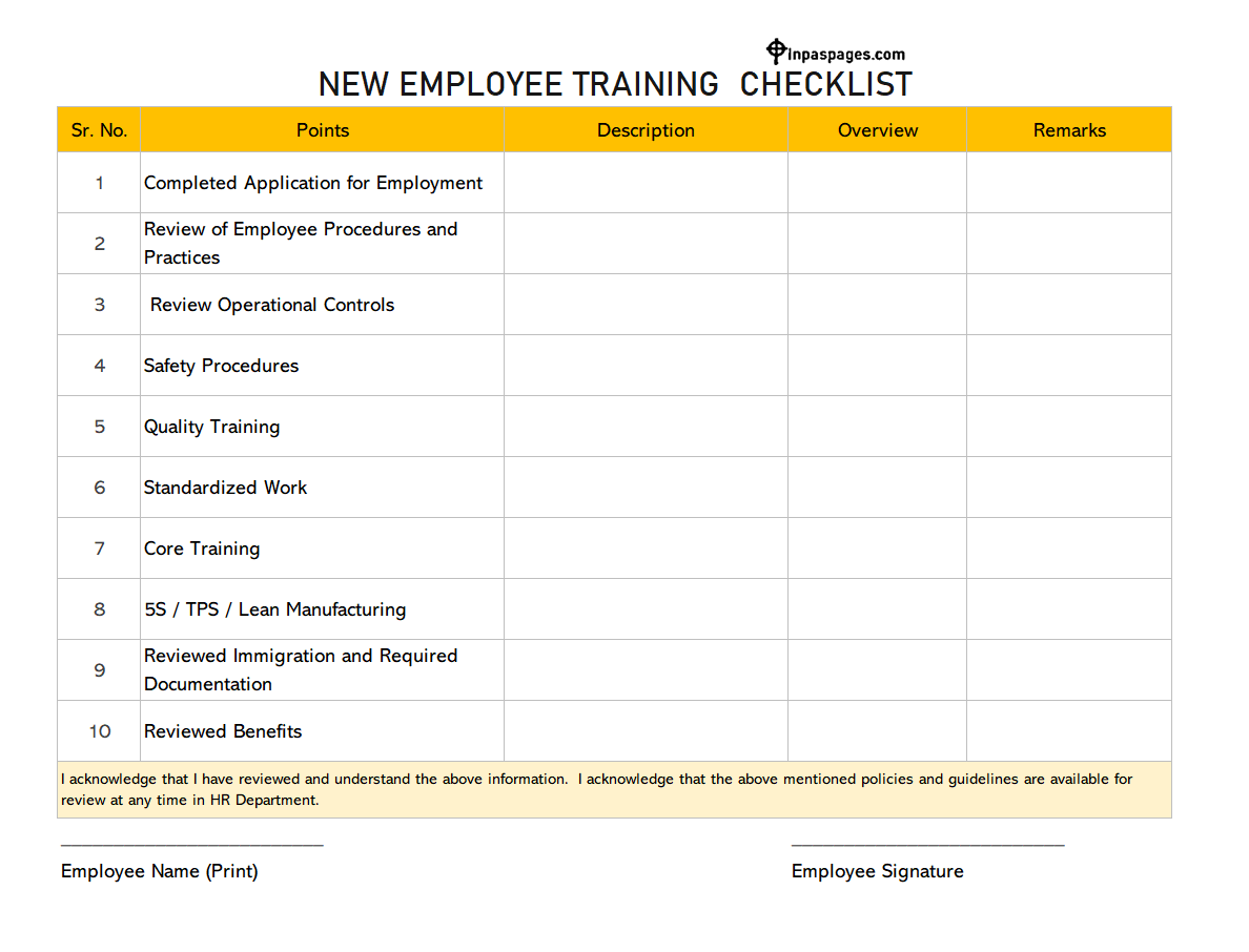 New Employee Training Checklist template