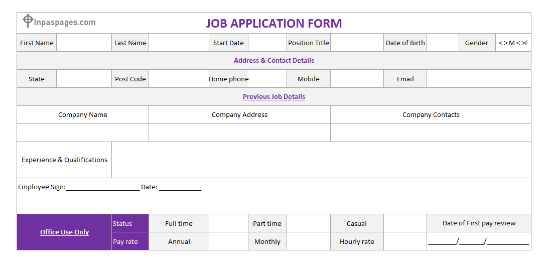 Job Application Form format