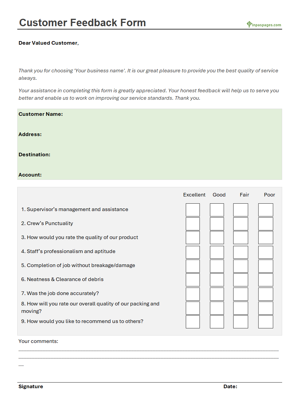 Customer Feedback Form format, Customer Feedback Form example, Customer Feedback Form sample, Customer Feedback Form pdf