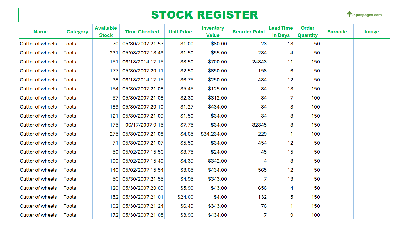 Stock Register book format