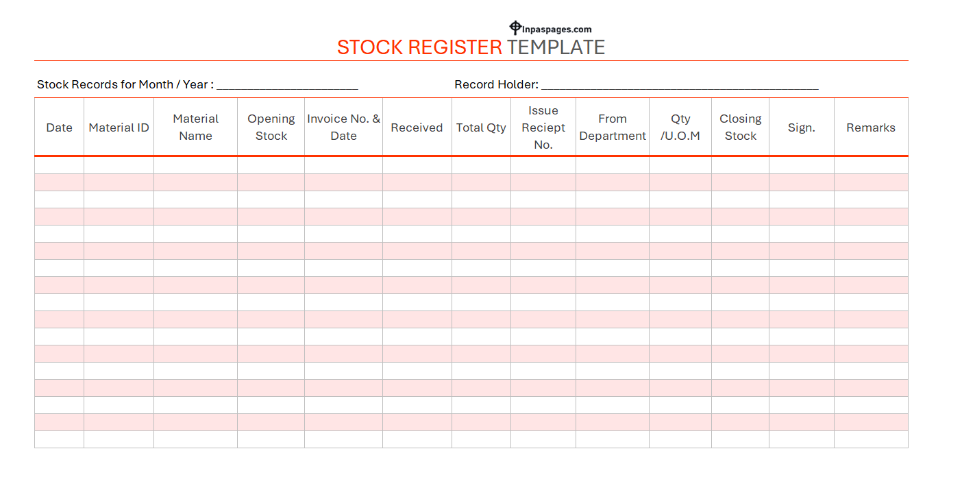 Excel Stock Register Worksheet (Sample excel sheet)