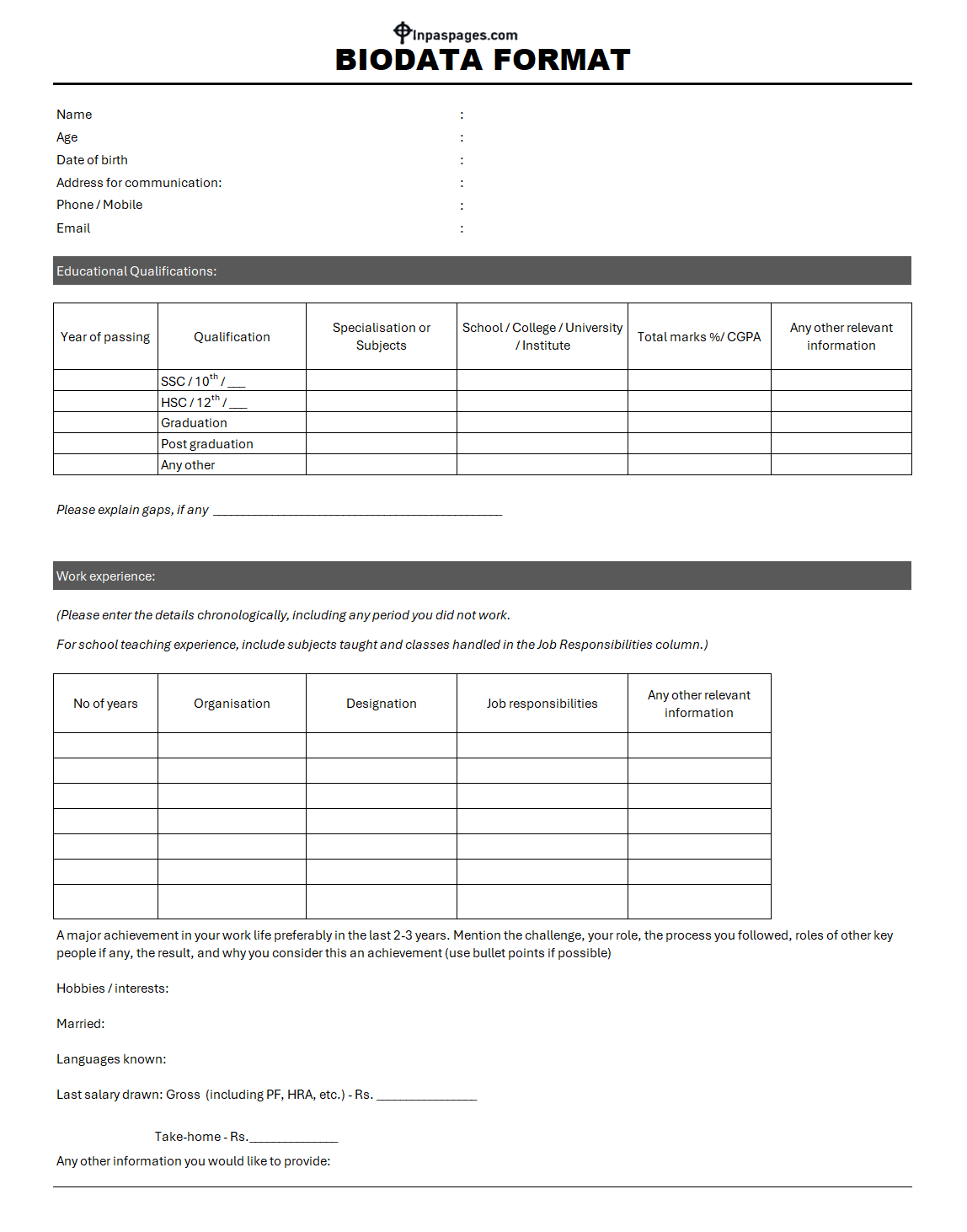 Bio data format, Bio data template, Bio data sample, Bio data example