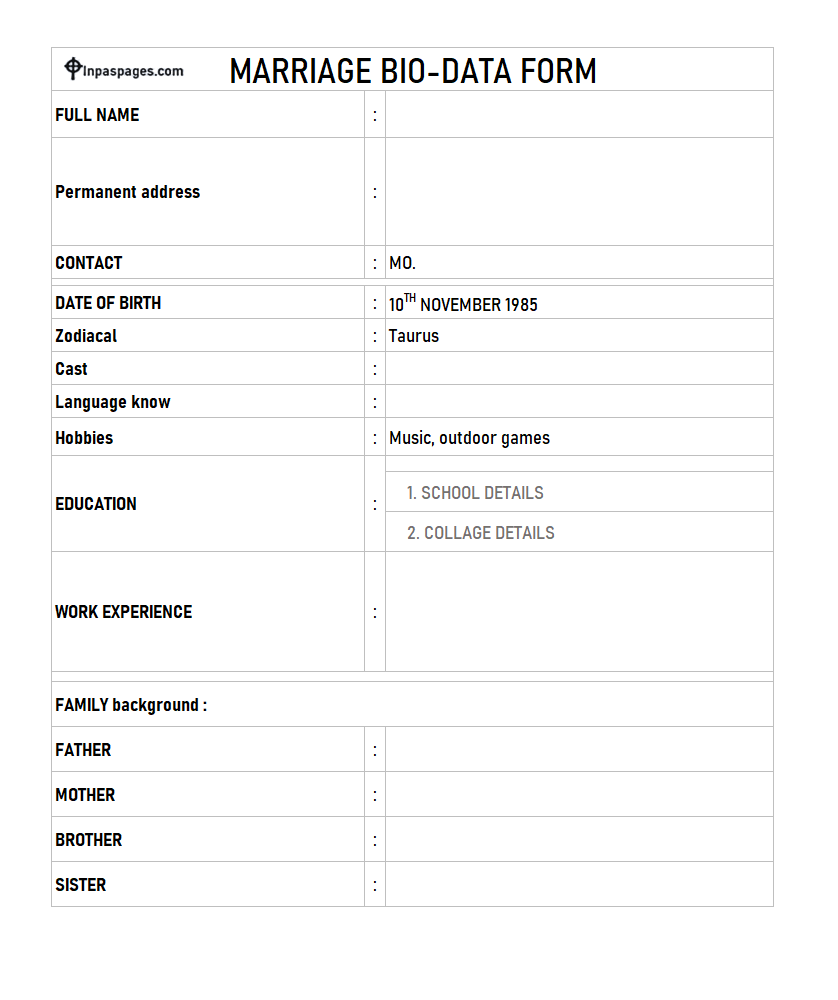 Marriage bio data form