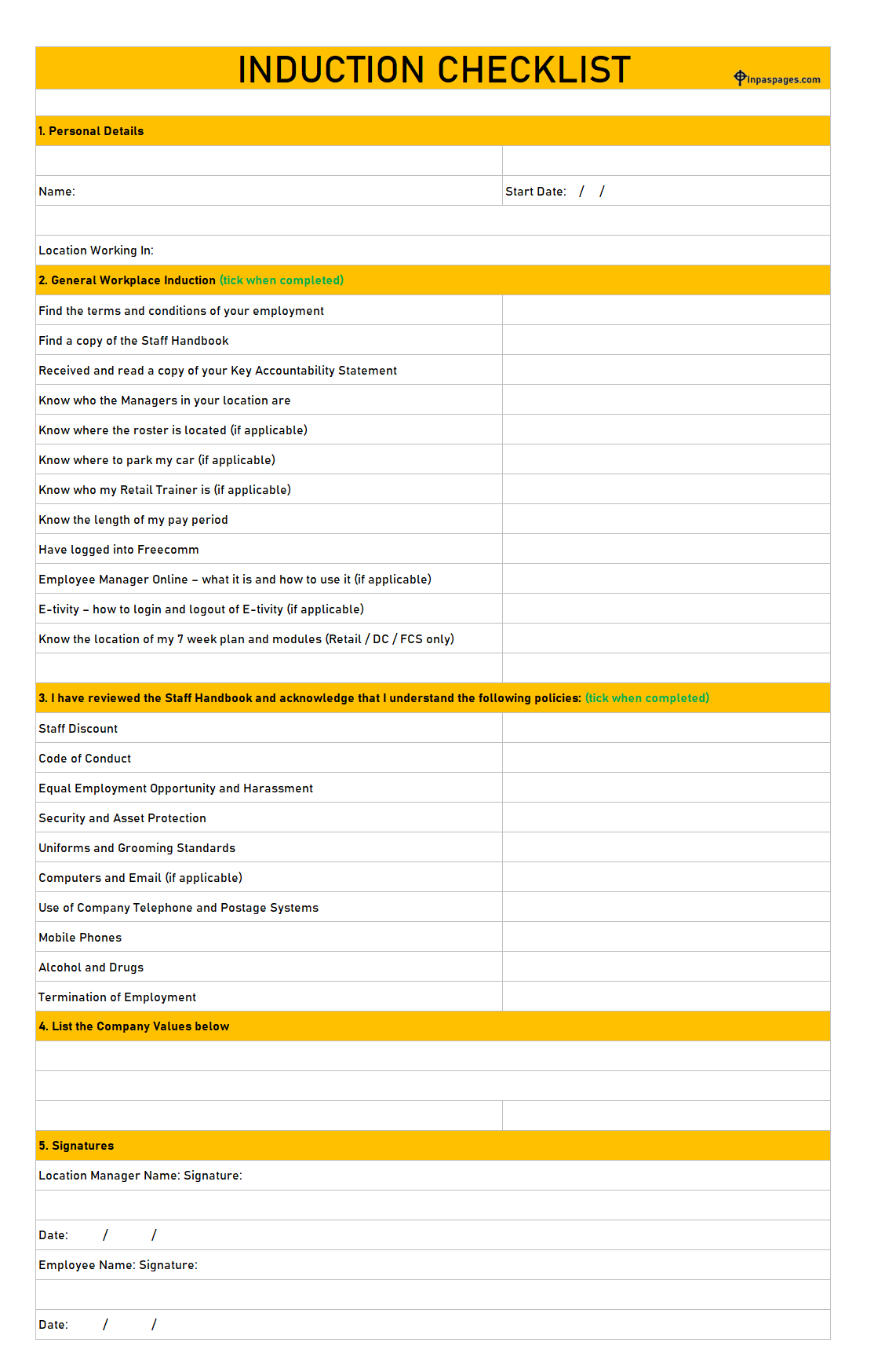 Induction Checklist template Excel