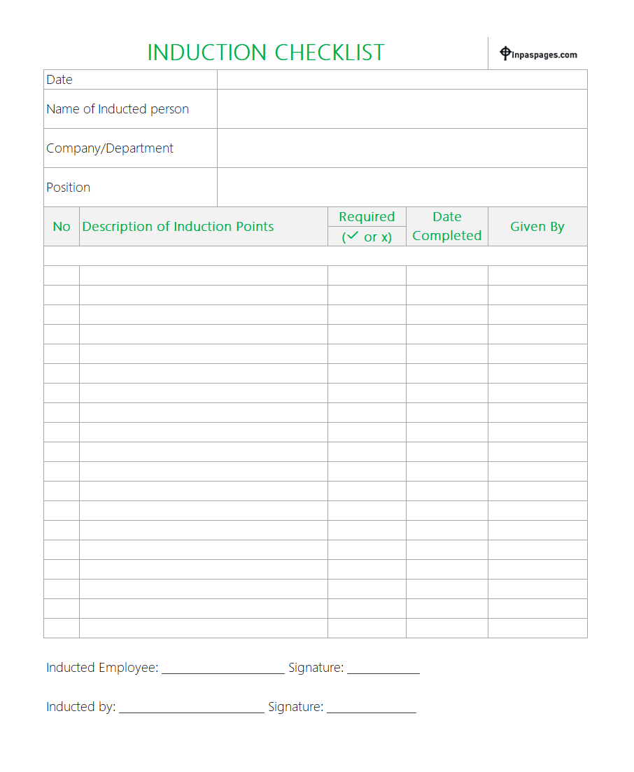 Employee Induction Checklist for excel