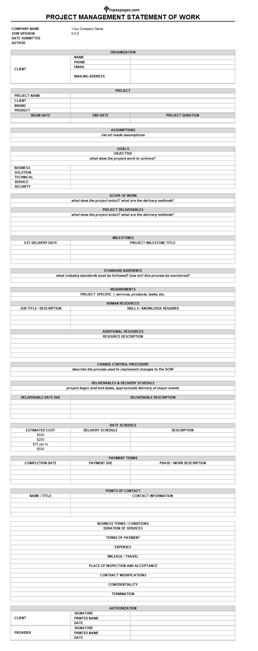 Project statement of work (SOW) template