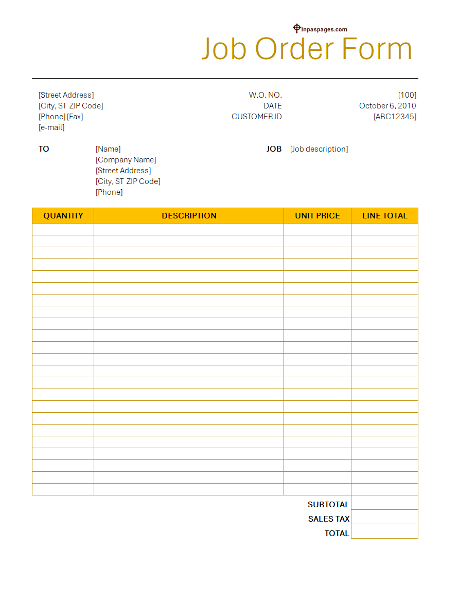 Sample Job order form template