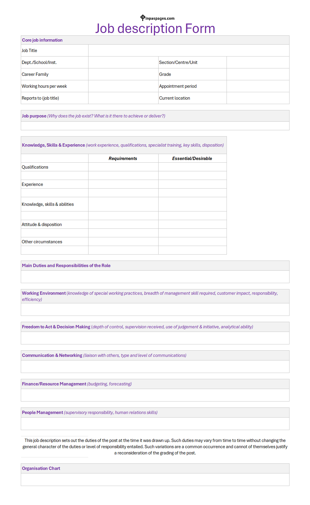 Job description form format, Job description form sample, Job description form example